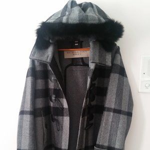 Burberry Gray Plaid Hooded Coat